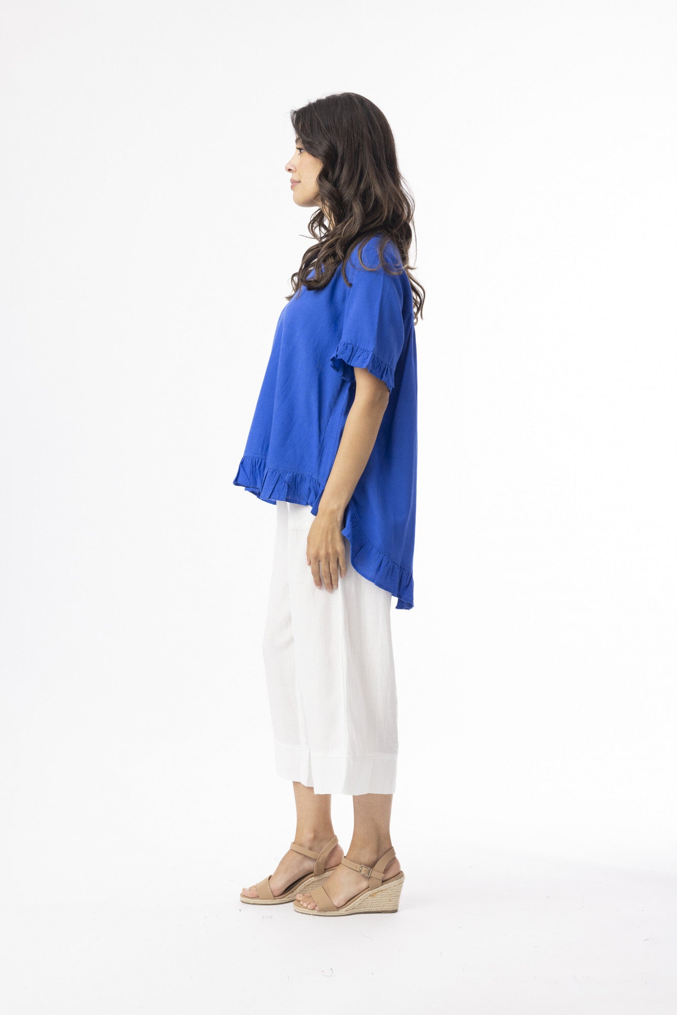Orientique Plain Frill Top (Navy or Electric)