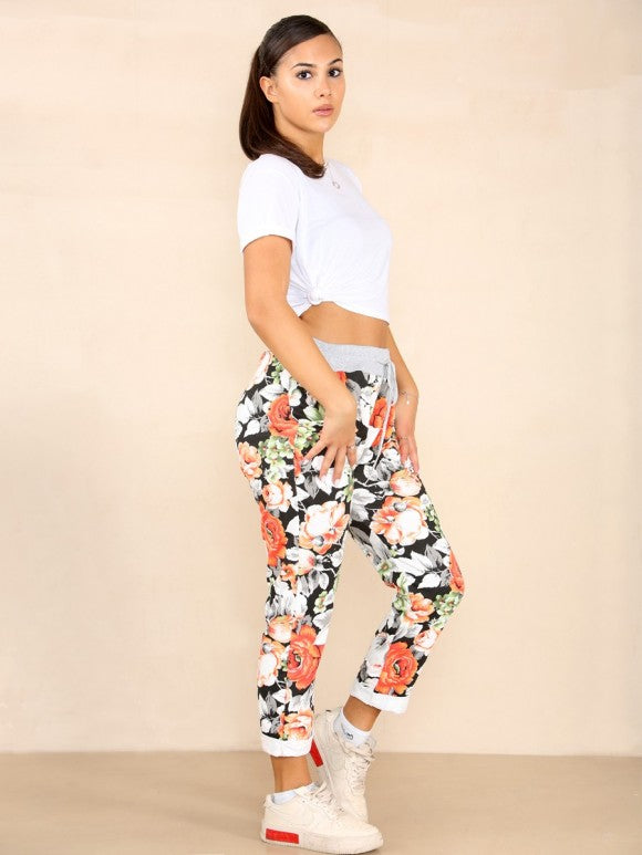 Italian Orange Printed Floral Cotton Joggers