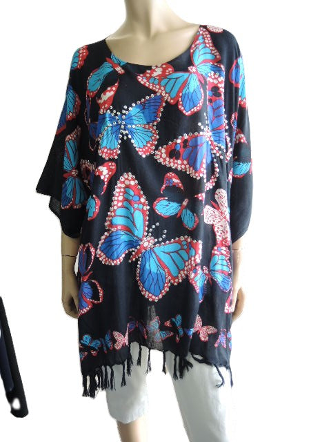 Butterfly Print Sequined Kaftan Top