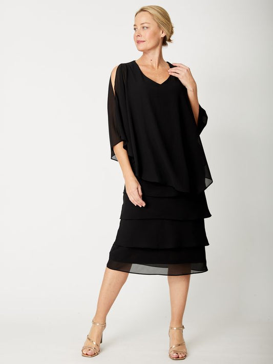 OPM Chiffon Cape Dress (Black and Aubergine)