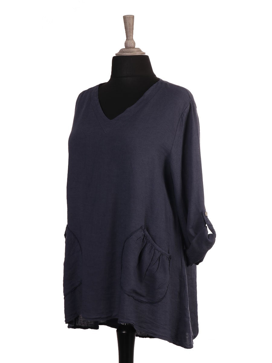 Italian Diagonal Pockets Dip Hem Linen Blend Top.