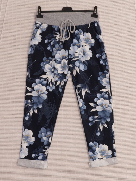 Italian Navy Floral Stretch Cotton Jogger